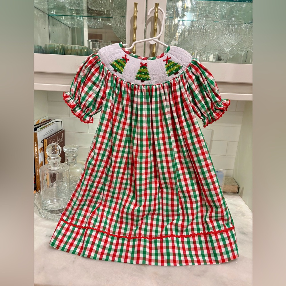 Adorable Red and Green Plaid Dress with Smocked Christmas Tree Embroidery